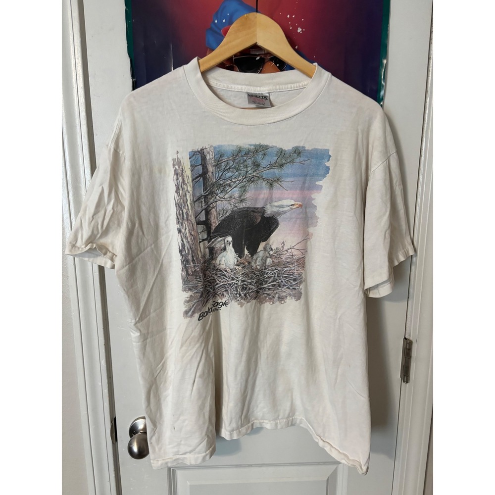 Vintage Oneita Power-T Bald Eagle T-Shirt XL White Single Stitch Made in USA 90s